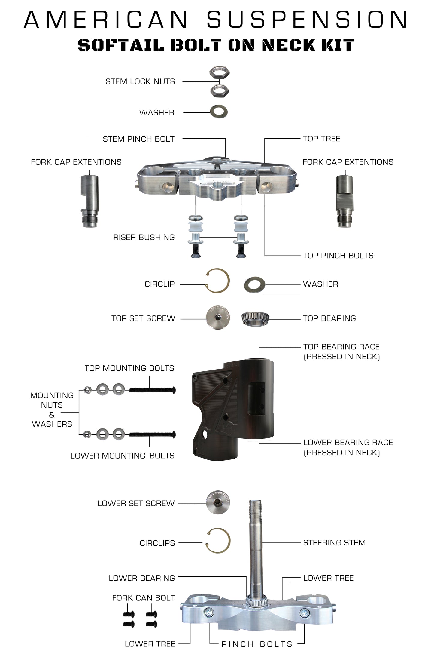 American Suspension Bolt On Neck / Trees to fit 26" Wheel on a 00-Present Harley Softail M8 & Twin Cam