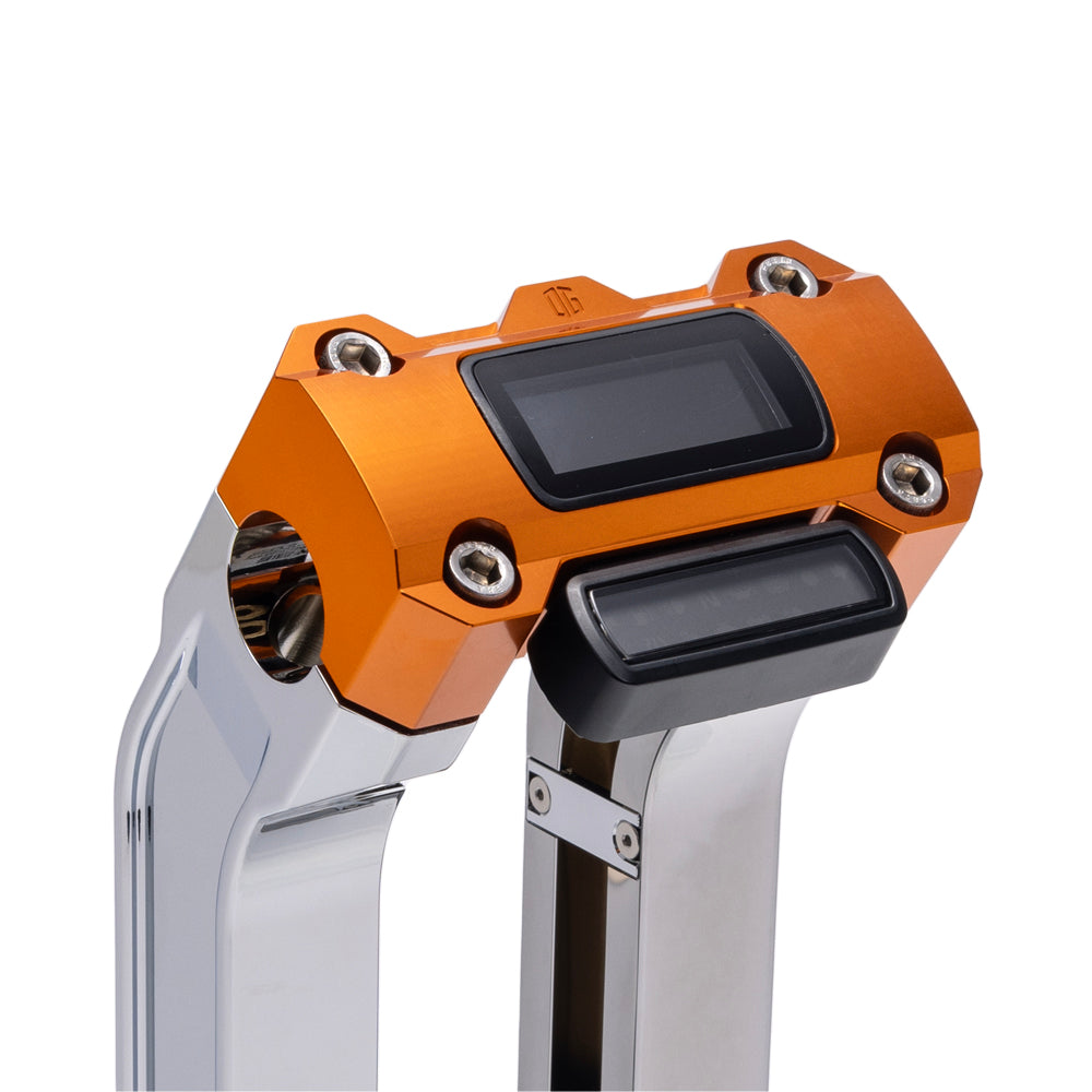 OG Chrome 10.5 inch Straight Risers with Orange Digital Gauge Cut Out Top Clamp